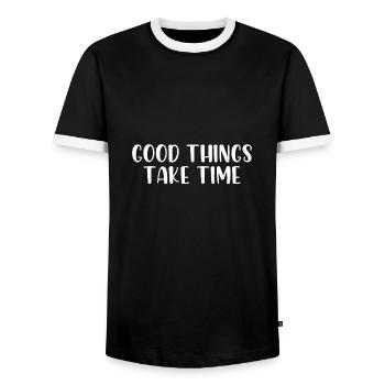 Good things take time - Men's Ringer Shirt - black/white - Front - AI Model Female 172 light (172cm) & AI Model Male 178 light (178cm)