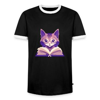 Cat Books Domestic Cat Cat Book Kitten Reading - Men's Ringer Shirt - black/white - Front - AI Model Female 172 light (172cm) & AI Model Male 178 light (178cm)