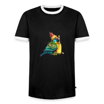 Parrot cuddles with beer - Men's Ringer Shirt - black/white - Front - AI Model Female 172 light (172cm) & AI Model Male 178 light (178cm)