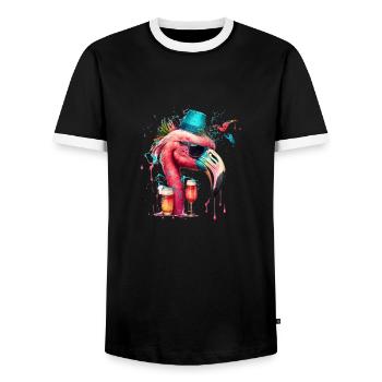 Flamant rose à la bière avec chapeau de fête - T-shirt contrasté Homme - noir/blanc - Devant - AI Model Female 172 light (172cm) & AI Model Male 178 light (178cm)