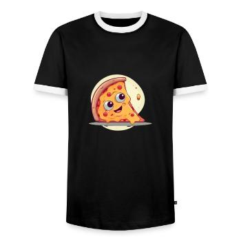 HappyPizzSlice - ThePizzfather - Männer Kontrast-T-Shirt - Schwarz/Weiß - Vorne - AI Model Female 172 light (172cm) & AI Model Male 178 light (178cm)