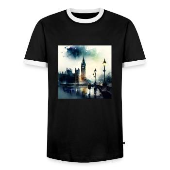 London Landschaft Big Ben Aquarell - Männer Kontrast-T-Shirt - Schwarz/Weiß - Vorne - AI Model Female 172 light (172cm) & AI Model Male 178 light (178cm)
