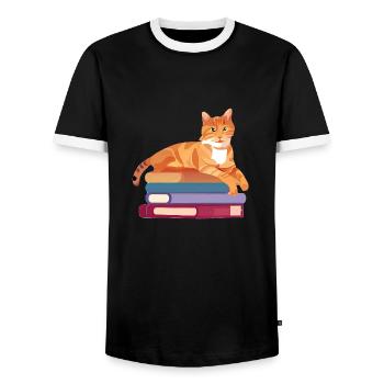 Cat Book Kitten Domestic Cat Books Reading Cats - Men's Ringer Shirt - black/white - Front - AI Model Female 172 light (172cm) & AI Model Male 178 light (178cm)