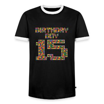 Cute 15th Birthday Gift 15 Year Old Block Building - Men's Ringer Shirt - black/white - Front - AI Model Female 172 light (172cm) & AI Model Male 178 light (178cm)