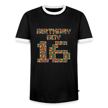 Cute 16th Birthday Gift 16 Year Old Block Building - Men's Ringer Shirt - black/white - Front - AI Model Female 172 light (172cm) & AI Model Male 178 light (178cm)