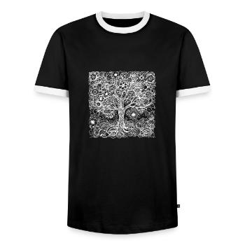Boho tree made of many detailed flower patterns - Men's Ringer Shirt - black/white - Front - AI Model Female 172 light (172cm) & AI Model Male 178 light (178cm)