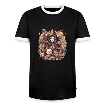 Gloomy beautiful witch with hat and skull - Men's Ringer Shirt - black/white - Front - AI Model Female 172 light (172cm) & AI Model Male 178 light (178cm)