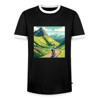 Road cyclist climbs mountain in France Alps - Men's Ringer Shirt - black/white - Front - AI Model Female 172 light (172cm) & AI Model Male 178 light (178cm)