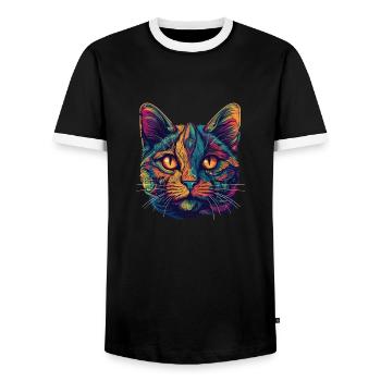 Visage de chat psychédélique aux motifs colorés - T-shirt contrasté Homme - noir/blanc - Devant - AI Model Female 172 light (172cm) & AI Model Male 178 light (178cm)