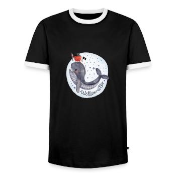 Surfer - funny illustration whale with cancer - Men's Ringer Shirt - black/white - Front - AI Model Female 172 light (172cm) & AI Model Male 178 light (178cm)