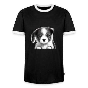 Australian Shepherd Dog Puppy Dog Owner - Men's Ringer Shirt - black/white - Front - AI Model Female 172 light (172cm) & AI Model Male 178 light (178cm)