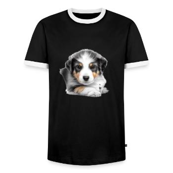 Dog puppy Australian Shepherd dog owner - Men's Ringer Shirt - black/white - Front - AI Model Female 172 light (172cm) & AI Model Male 178 light (178cm)