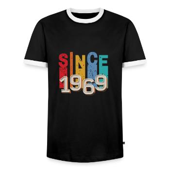 Since 1969 retro - Men's Ringer Shirt - black/white - Front - AI Model Female 172 light (172cm) & AI Model Male 178 light (178cm)