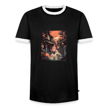 Lofi Japan Street Design with Girl and Cat - Cozy - Men's Ringer Shirt - black/white - Front - AI Model Female 172 light (172cm) & AI Model Male 178 light (178cm)