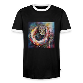 Modern & Colourful Snake Wall Art by Bodhi - Men's Ringer Shirt - black/white - Front - AI Model Female 172 light (172cm) & AI Model Male 178 light (178cm)