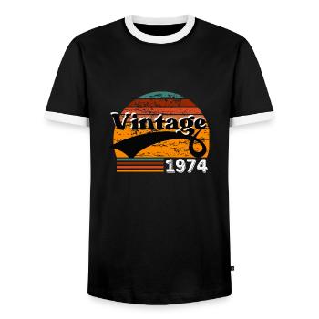 Vintage 1974 - Men's Ringer Shirt - black/white - Front - AI Model Female 172 light (172cm) & AI Model Male 178 light (178cm)