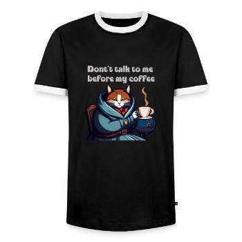 Drôle de chat et de café - T-shirt contrasté Homme - noir/blanc - Devant - AI Model Female 172 light (172cm) & AI Model Male 178 light (178cm)