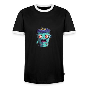 Halloween coffee mug - creepy coffee mug - Men's Ringer Shirt - black/white - Front - AI Model Female 172 light (172cm) & AI Model Male 178 light (178cm)