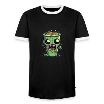 Halloween coffee mug - creepy coffee mug - Men's Ringer Shirt - black/white - Front - AI Model Female 172 light (172cm) & AI Model Male 178 light (178cm)