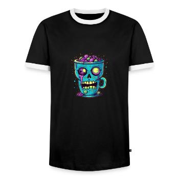 Halloween coffee mug - creepy coffee mug - Men's Ringer Shirt - black/white - Front - AI Model Female 172 light (172cm) & AI Model Male 178 light (178cm)