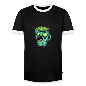 Halloween coffee mug - creepy coffee mug - Men's Ringer Shirt - black/white - Front - AI Model Female 172 light (172cm) & AI Model Male 178 light (178cm)