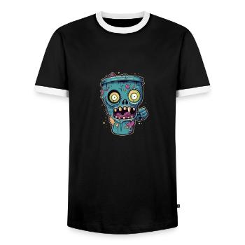 Halloween coffee mug - creepy coffee mug - Men's Ringer Shirt - black/white - Front - AI Model Female 172 light (172cm) & AI Model Male 178 light (178cm)