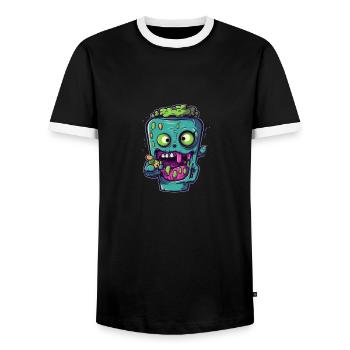 Halloween coffee mug - creepy coffee mug - Men's Ringer Shirt - black/white - Front - AI Model Female 172 light (172cm) & AI Model Male 178 light (178cm)