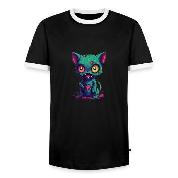 Halloween Zombie Katze - Niedliche gruselige Katze - Männer Kontrast-T-Shirt - Schwarz/Weiß - Vorne - AI Model Female 172 light (172cm) & AI Model Male 178 light (178cm)