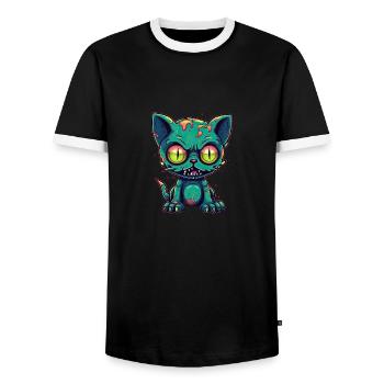 Halloween Zombie Katze - Niedliche gruselige Katze - Männer Kontrast-T-Shirt - Schwarz/Weiß - Vorne - AI Model Female 172 light (172cm) & AI Model Male 178 light (178cm)