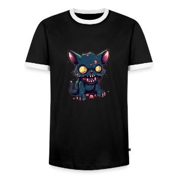 Halloween Zombie Katze - Niedliche gruselige Katze - Männer Kontrast-T-Shirt - Schwarz/Weiß - Vorne - AI Model Female 172 light (172cm) & AI Model Male 178 light (178cm)