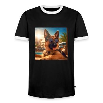 German Shepherd with sunglasses on vacation by the pool - Men's Ringer Shirt - black/white - Front - AI Model Female 172 light (172cm) & AI Model Male 178 light (178cm)