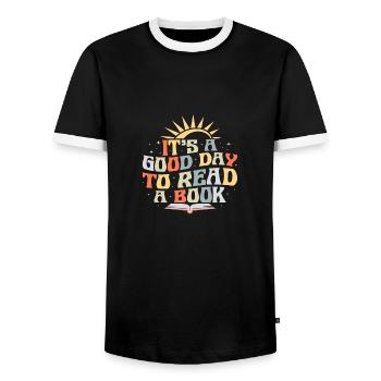 It ́s a good Day to read a Book - Men's Ringer Shirt - black/white - Front - AI Model Female 172 light (172cm) & AI Model Male 178 light (178cm)