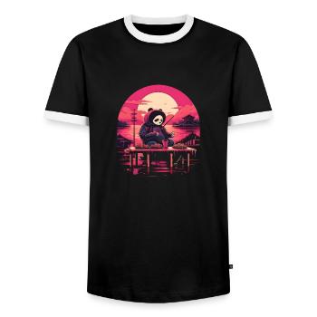Synthwave eating Panda Japan Sunset - Men's Ringer Shirt - black/white - Front - AI Model Female 172 light (172cm) & AI Model Male 178 light (178cm)