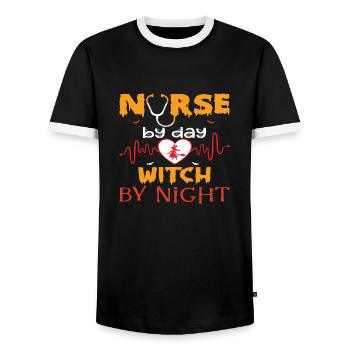 Nurse by Day Witch by Night - Men's Ringer Shirt - black/white - Front - AI Model Female 172 light (172cm) & AI Model Male 178 light (178cm)