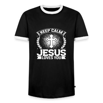 Keep calm Jesus loves you - Men's Ringer Shirt - black/white - Front - AI Model Female 172 light (172cm) & AI Model Male 178 light (178cm)