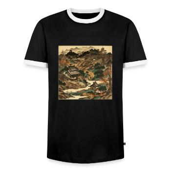 Vintage Japan: Picturesque Beauty of Natu - Men's Ringer Shirt - black/white - Front - AI Model Female 172 light (172cm) & AI Model Male 178 light (178cm)