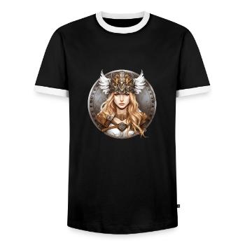 Blonde shieldmaid with Valkyrie helmet - Men's Ringer Shirt - black/white - Front - AI Model Female 172 light (172cm) & AI Model Male 178 light (178cm)