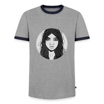 B/W Woman Face Abstract - Men's Ringer Shirt - grey/navy  - Front - AI Model Female 172 light (172cm) & AI Model Male 178 light (178cm)