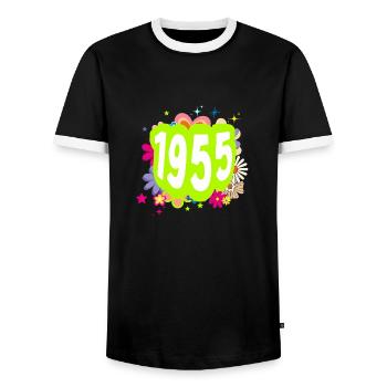 Year 1955 anniversary Groovy floral - Men's Ringer Shirt - black/white - Front - AI Model Female 172 light (172cm) & AI Model Male 178 light (178cm)