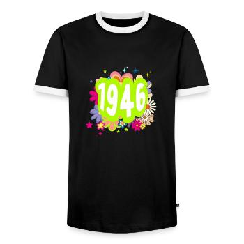 Year 1946 anniversary Floral Groovy - Men's Ringer Shirt - black/white - Front - AI Model Female 172 light (172cm) & AI Model Male 178 light (178cm)