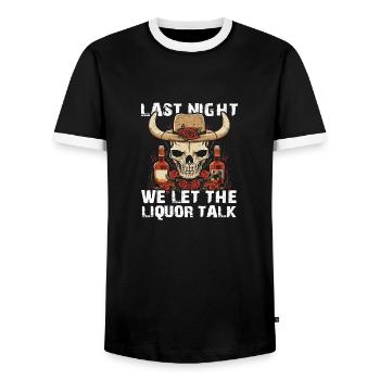 Last NIght we let the Liquor talk - Männer Kontrast-T-Shirt - Schwarz/Weiß - Vorne - AI Model Female 172 light (172cm) & AI Model Male 178 light (178cm)