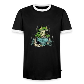 Miki the greedy frog - Men's Ringer Shirt - black/white - Front - AI Model Female 172 light (172cm) & AI Model Male 178 light (178cm)