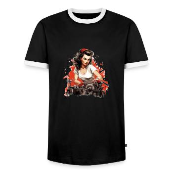 Pinup aurélia mechanic - Men's Ringer Shirt - black/white - Front - AI Model Female 172 light (172cm) & AI Model Male 178 light (178cm)