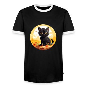 Cute little black cat on summer vacation - Men's Ringer Shirt - black/white - Front - AI Model Female 172 light (172cm) & AI Model Male 178 light (178cm)