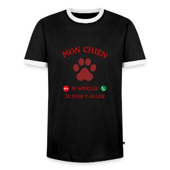 Mon chien m'appelle je dois y aller cadeau humour - T-shirt contrasté Homme - noir/blanc - Devant - AI Model Female 172 light (172cm) & AI Model Male 178 light (178cm)