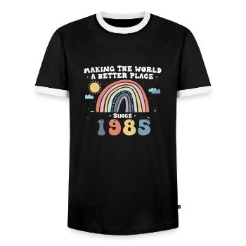 Making The World a Better Place Since 1985, 38th - Men's Ringer Shirt - black/white - Front - AI Model Female 172 light (172cm) & AI Model Male 178 light (178cm)