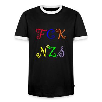 FCK NZS - Men's Ringer Shirt - black/white - Front - AI Model Female 172 light (172cm) & AI Model Male 178 light (178cm)