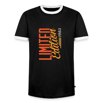 1983 Vintage - Men's Ringer Shirt - black/white - Front - AI Model Female 172 light (172cm) & AI Model Male 178 light (178cm)