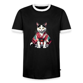 Kimono katze - Männer Kontrast-T-Shirt - Schwarz/Weiß - Vorne - AI Model Female 172 light (172cm) & AI Model Male 178 light (178cm)
