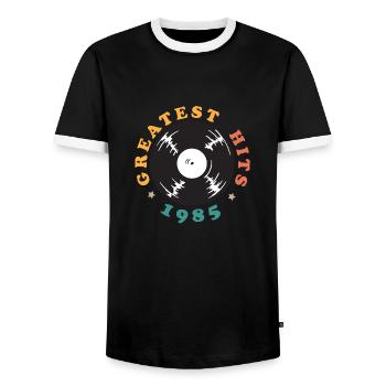 1985 Year of birth - Men's Ringer Shirt - black/white - Front - AI Model Female 172 light (172cm) & AI Model Male 178 light (178cm)